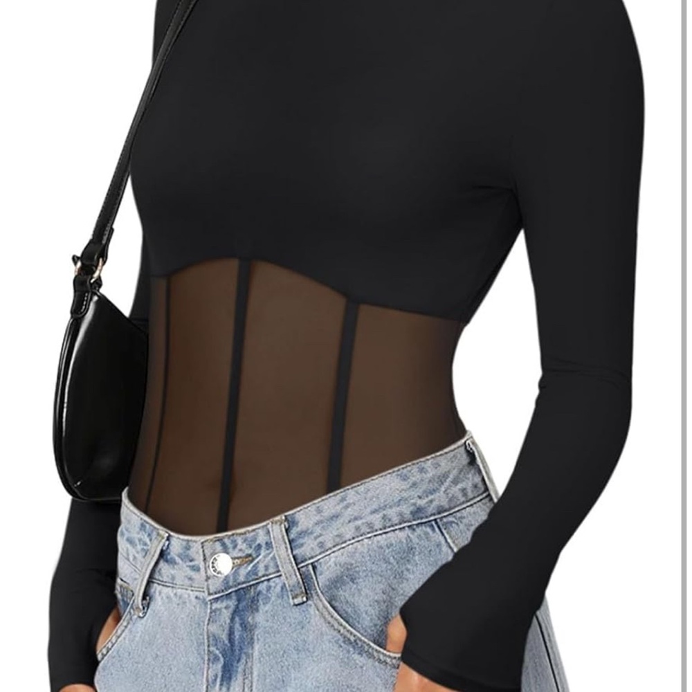 Reoria Black Sheer Long Sleeve Bodysuit size small